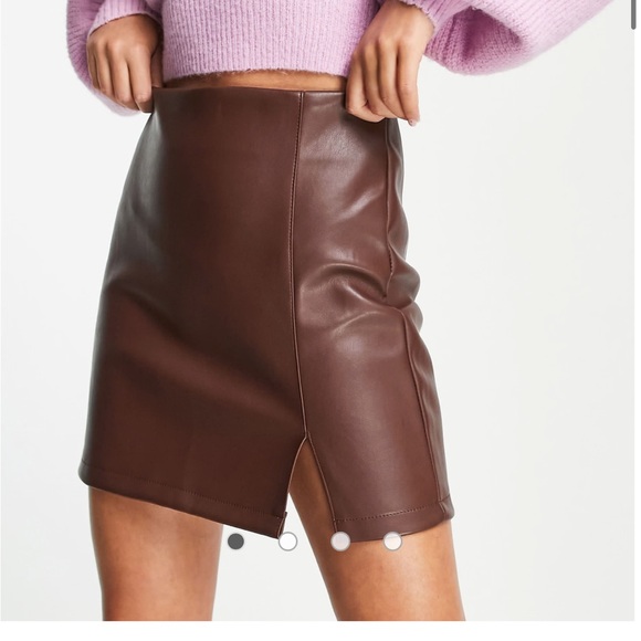 Miss Selfridge faux leather mini skirt with side slit in chocolate - Picture 1 of 4